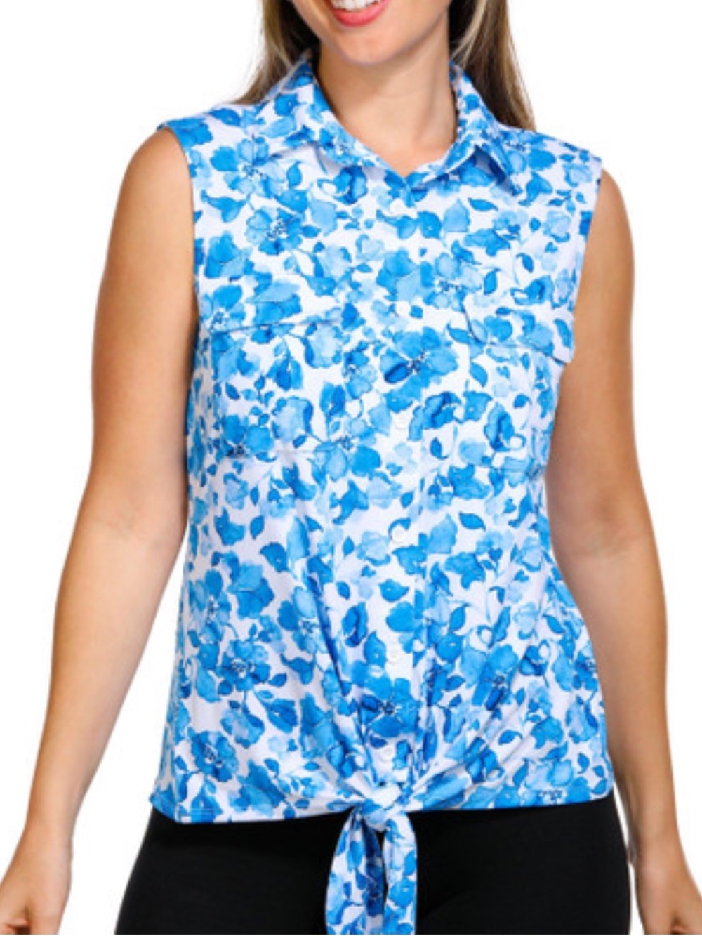 ava & grace Floral Tie-Front Blouse Blue & White Petite Small NWT
